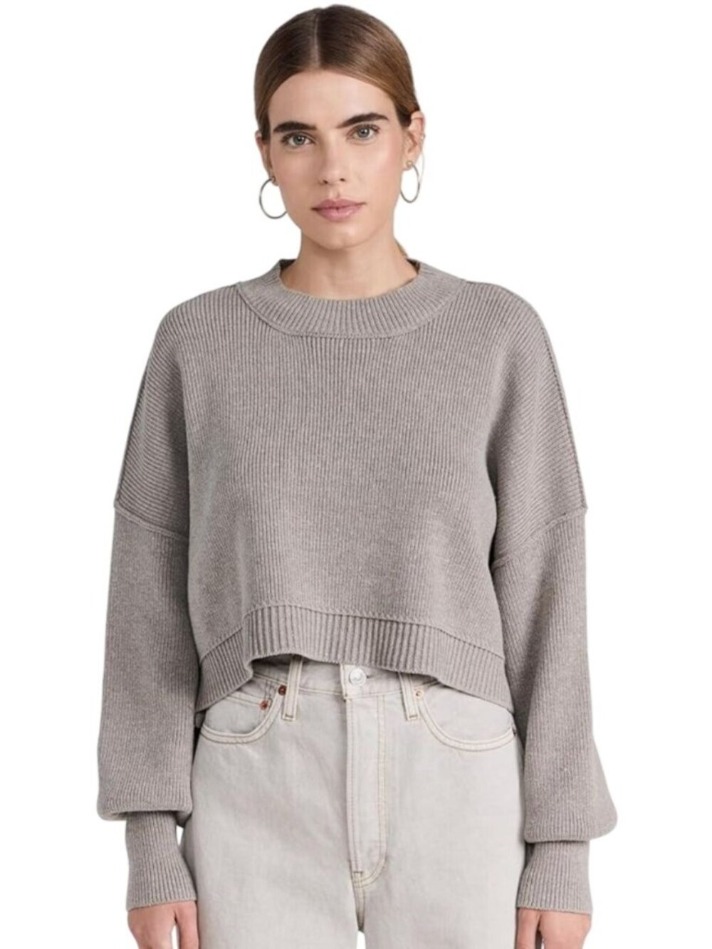 Free People Easy Street Crop Pullover Sweater Heather Gray Oversized Size S